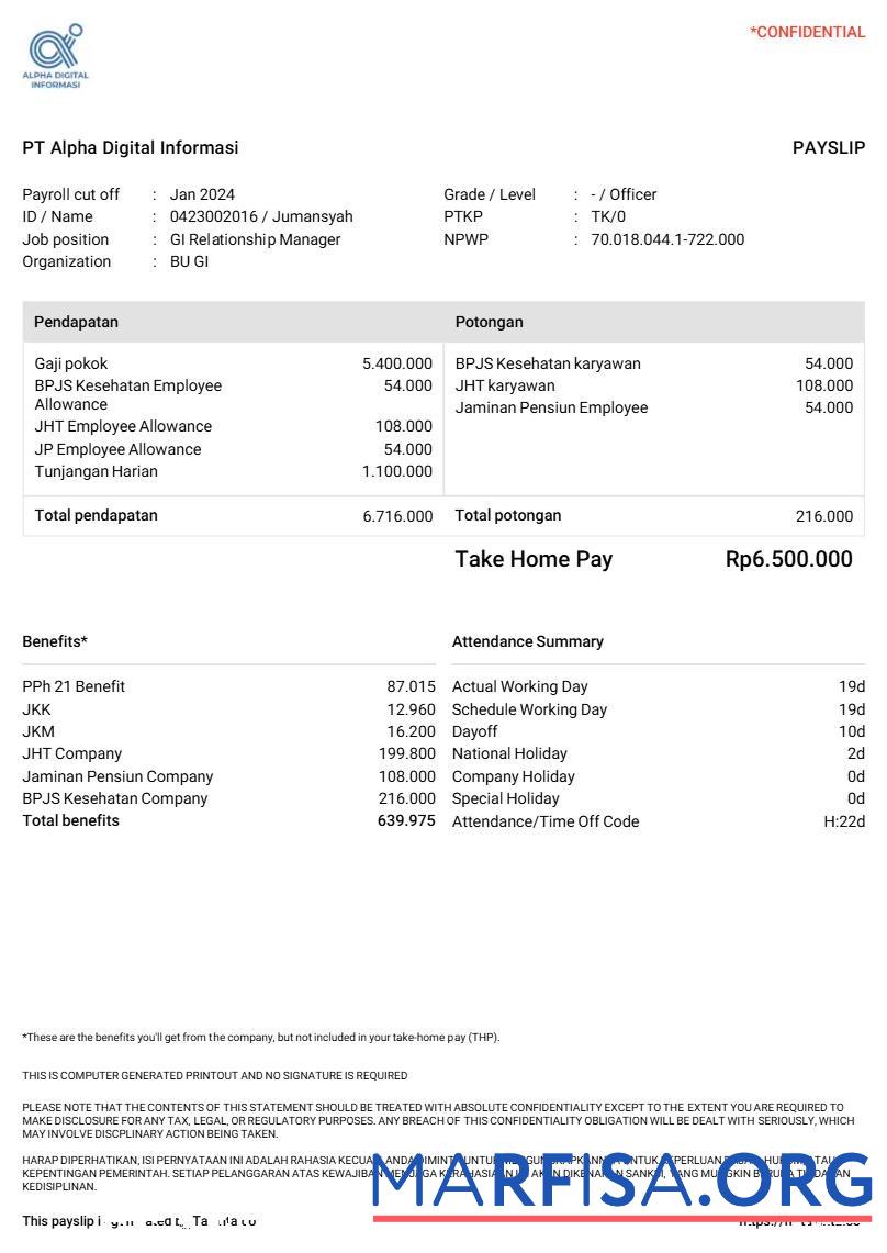 Realistic PT Alpha Digital Informasi payslip sample